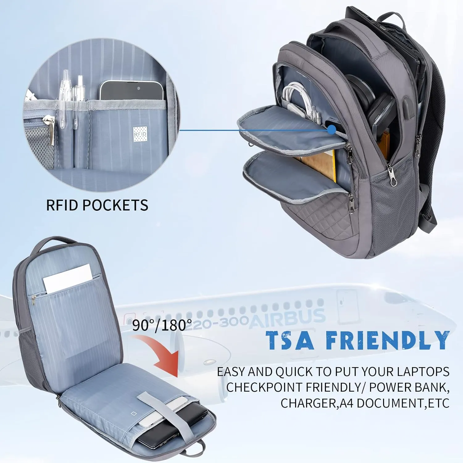 KROSER Travel Laptop Backpack 17 Inch Large Computer Backpack Water-Repellent Daypack with USB Charging Port & Headphone Interface RFID Pockets for Work/Business/College/Men/Women Dark grey(Quilted)