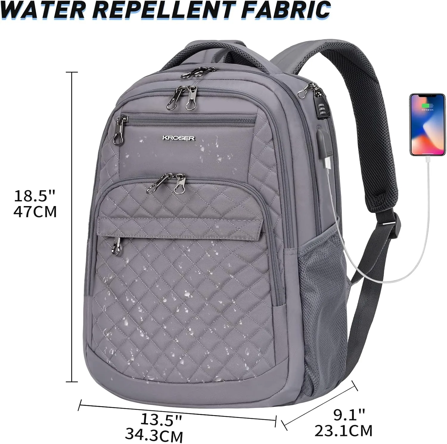 KROSER Travel Laptop Backpack 17 Inch Large Computer Backpack Water-Repellent Daypack with USB Charging Port & Headphone Interface RFID Pockets for Work/Business/College/Men/Women Dark grey(Quilted)