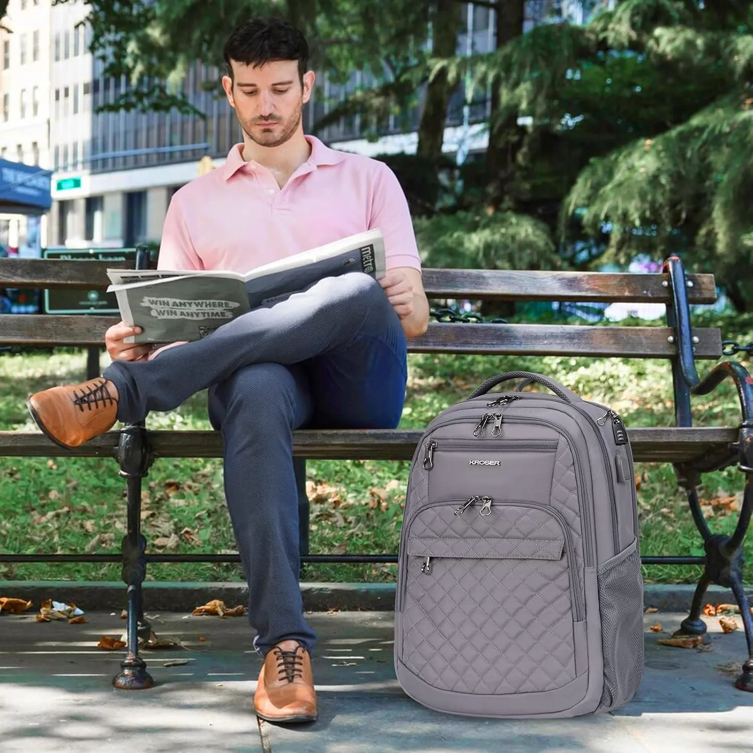 KROSER Travel Laptop Backpack 17 Inch Large Computer Backpack Water-Repellent Daypack with USB Charging Port & Headphone Interface RFID Pockets for Work/Business/College/Men/Women Dark grey(Quilted)