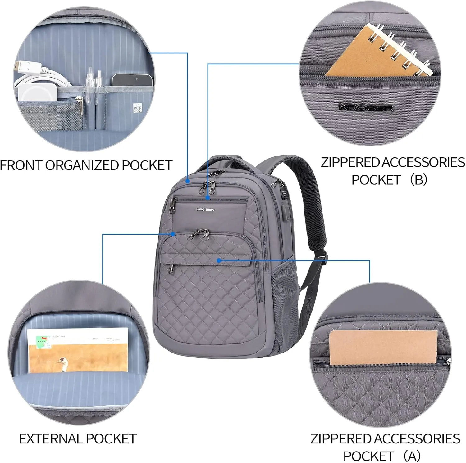 KROSER Travel Laptop Backpack 17 Inch Large Computer Backpack Water-Repellent Daypack with USB Charging Port & Headphone Interface RFID Pockets for Work/Business/College/Men/Women Dark grey(Quilted)