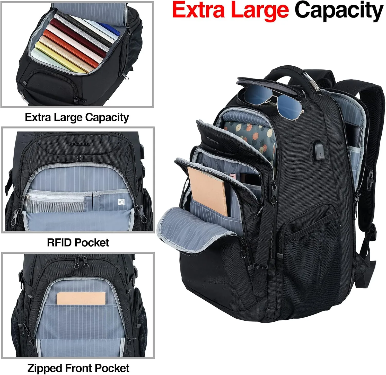 KROSER Travel Laptop Backpack 18.4 Inch XXXL Gaming Backpack with Hard Shell Saferoom RFID Pockets Water-Repellent Business College Daypack Stylish Laptop Bag for Men/Women-Black