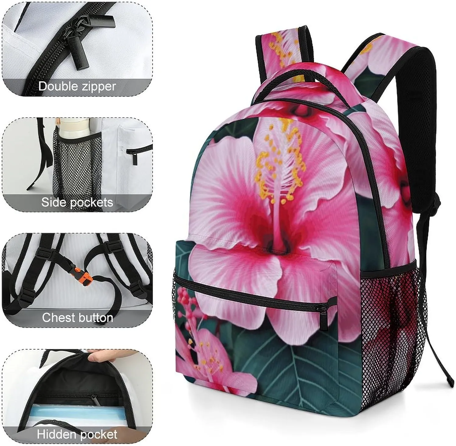Laptop Backpack for Men Women Lightweight Daypack with Compartment Rucksack Hawaii Pink Flower Laptop Bag
