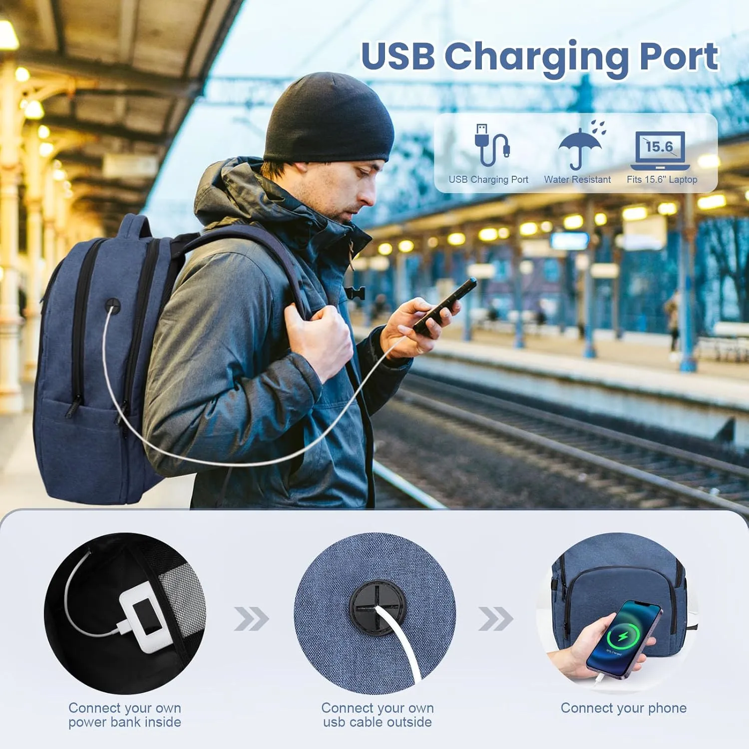 Laptop Backpack, Travel Backpack for Men Women, Business Anti Theft Computer Backpack with USB Charging Port, Water Resistant School Backpack Work Backpack Bookbag Fits 15.6 Inch Notebook, Navy