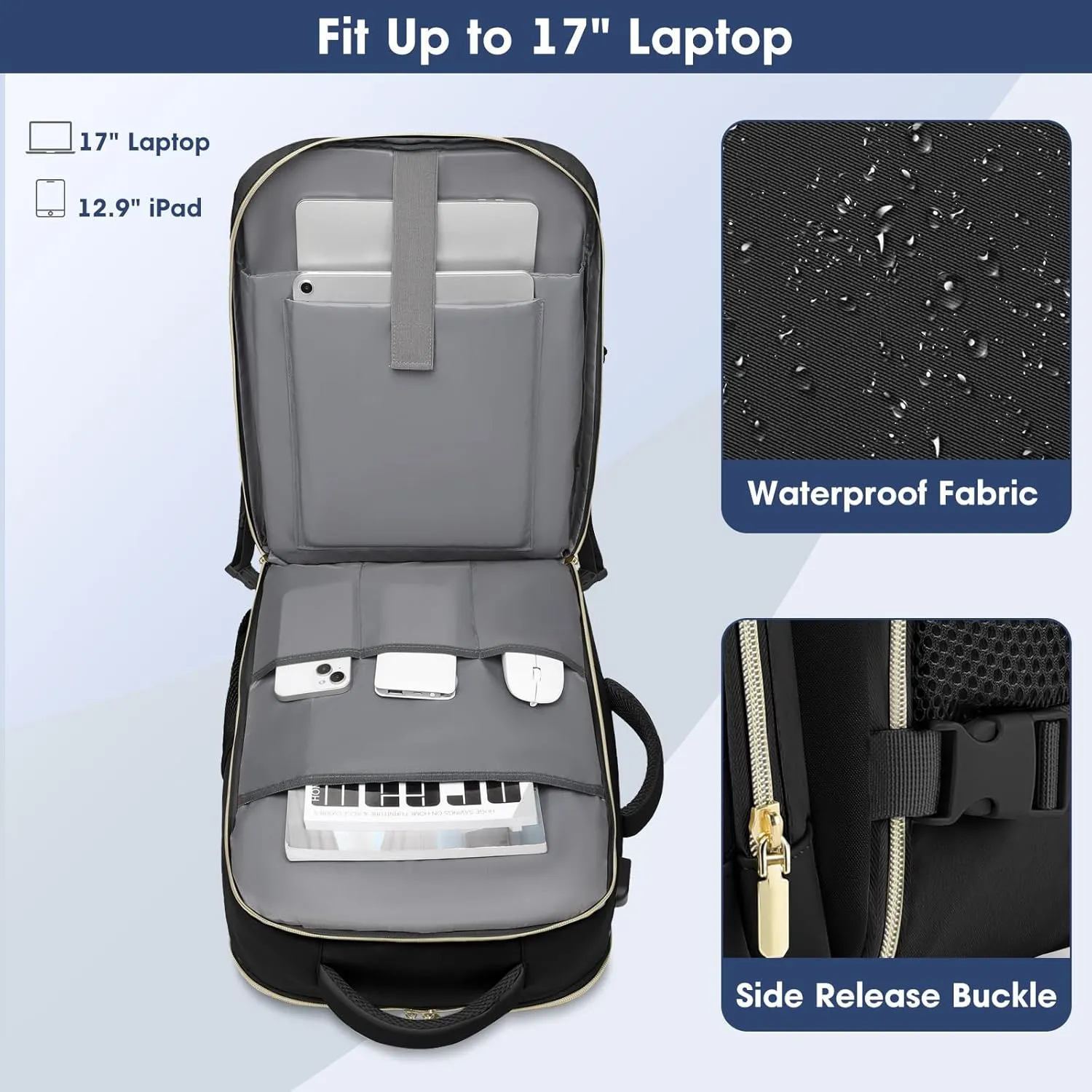 Large Carry On Travel Backpack: Flight Approved 40L Waterproof Personal Item Daypack for Women Weekender Bag fit 17inch Laptop Luggage Backpack Traveling Business with USB Port and 3 Packing Cubes