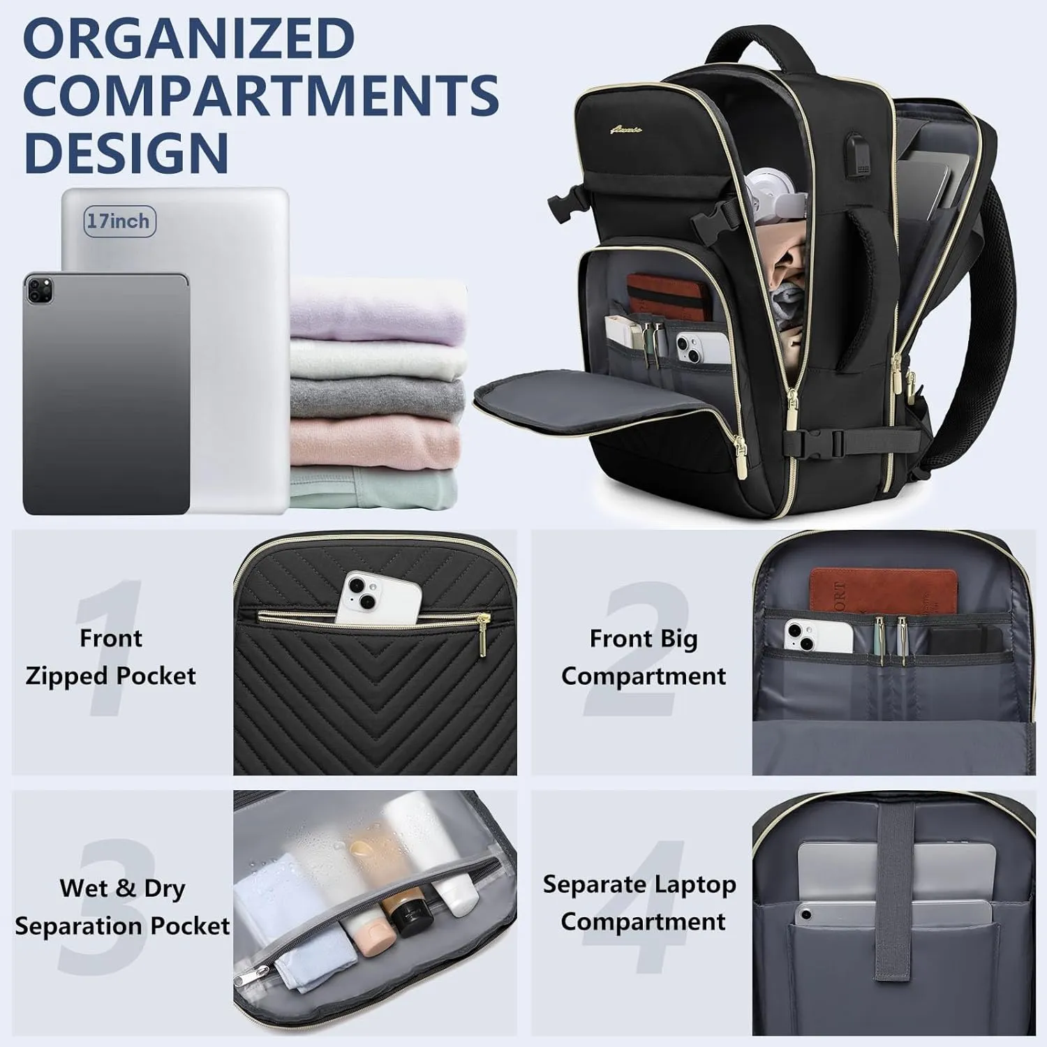 Large Carry On Travel Backpack: Flight Approved 40L Waterproof Personal Item Daypack for Women Weekender Bag fit 17inch Laptop Luggage Backpack Traveling Business with USB Port and 3 Packing Cubes