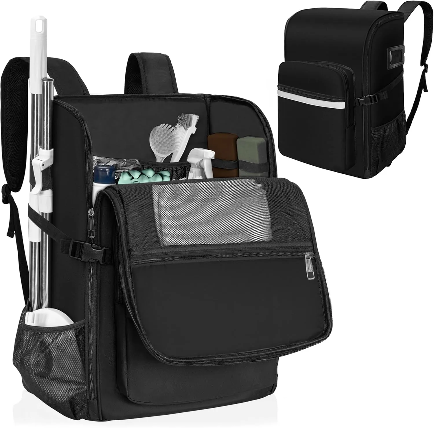 Large Cleaning Backpack Full Open Cleaning Supplies Bag with Multiple Pockets for Cleaning and Housekeeping, Black