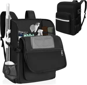 Large Cleaning Backpack Full Open Cleaning Supplies Bag with Multiple Pockets for Cleaning and Housekeeping, Black