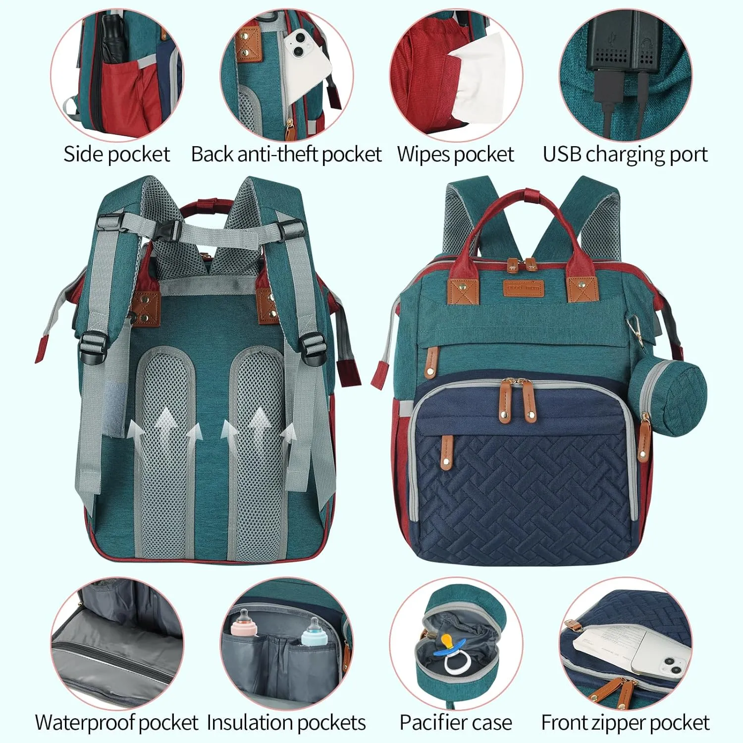large diaper bag backpack，baby bag with changing station for Boys Girls，Multifunctional Diaper Bag，Mommy Bag With USB Charging Port（Blue-green-red）