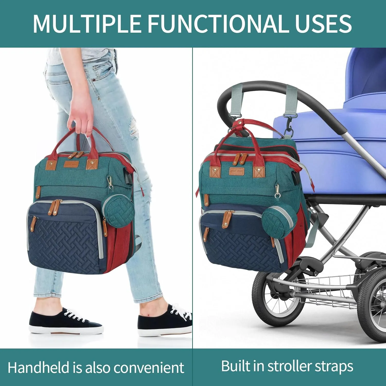 large diaper bag backpack，baby bag with changing station for Boys Girls，Multifunctional Diaper Bag，Mommy Bag With USB Charging Port（Blue-green-red）