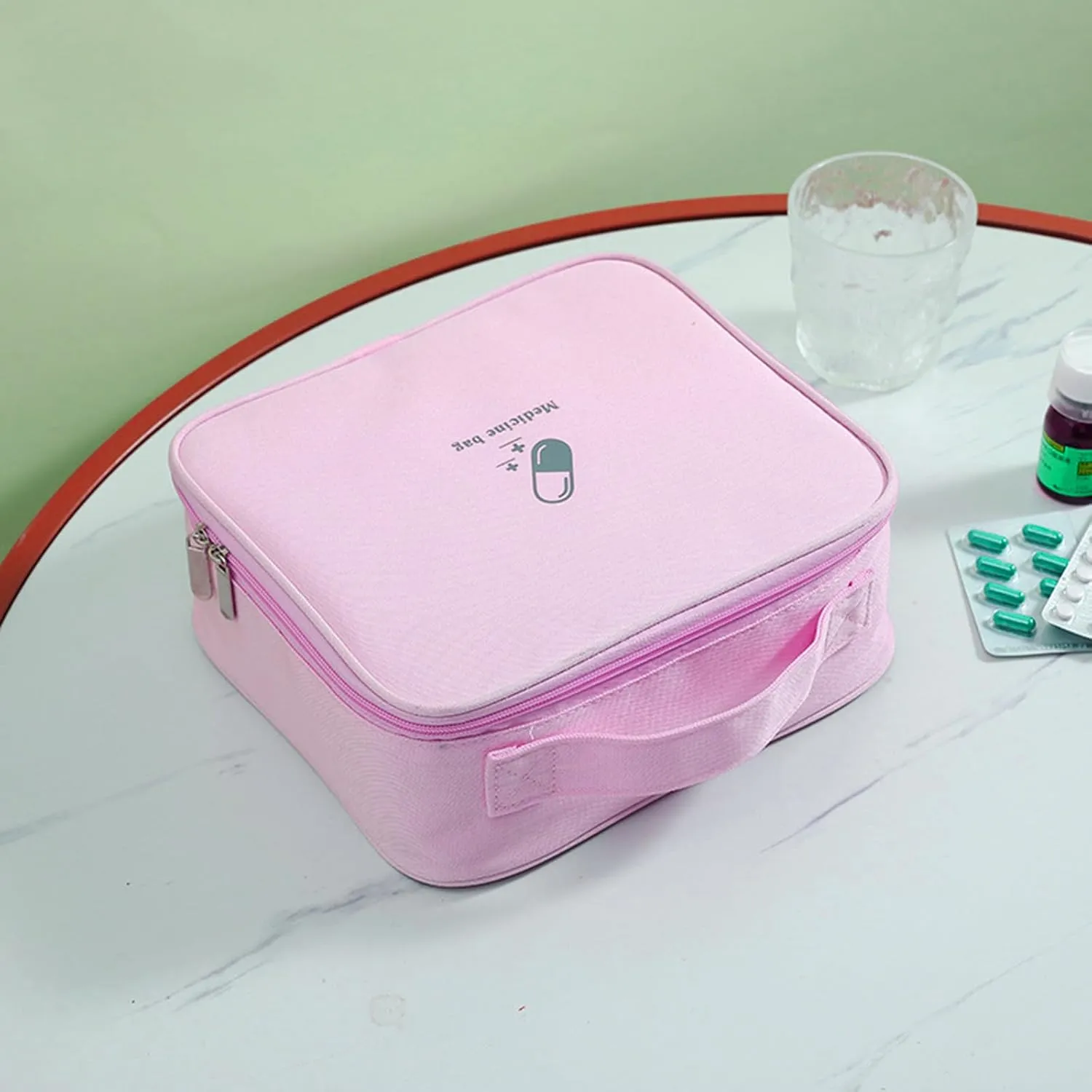 Large First Aid Bag Empty, Portable Travel Pill Bag Double Zipper First Aid Pouch with Handle for Family Outdoors Hiking Camping Car Office Workplace (Pink)