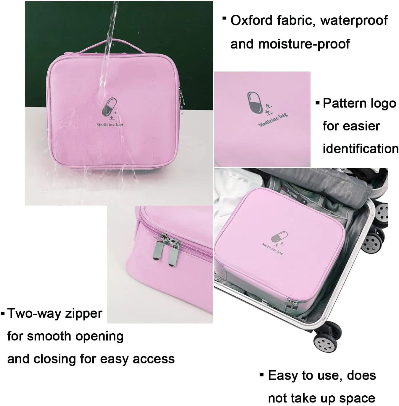 Large First Aid Bag Empty, Portable Travel Pill Bag Double Zipper First Aid Pouch with Handle for Family Outdoors Hiking Camping Car Office Workplace (Pink)