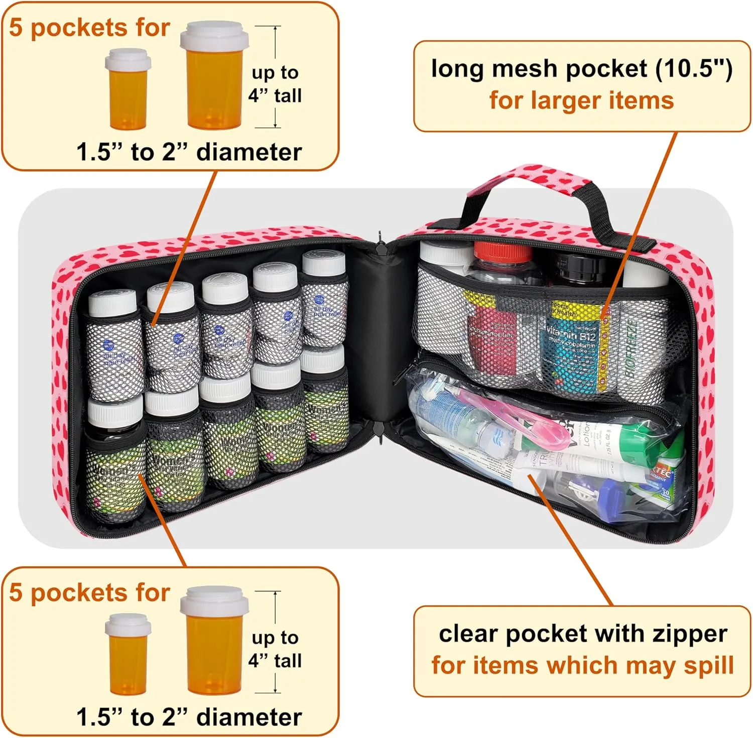 Large Padded Pill Bottle Organizer, Medicine Bag, Case, Carrier for Medications, Vitamins, and Medical Supplies - Travel Medicine Organizer and Home Storage Med Bag - Hearts (Without Lock)
