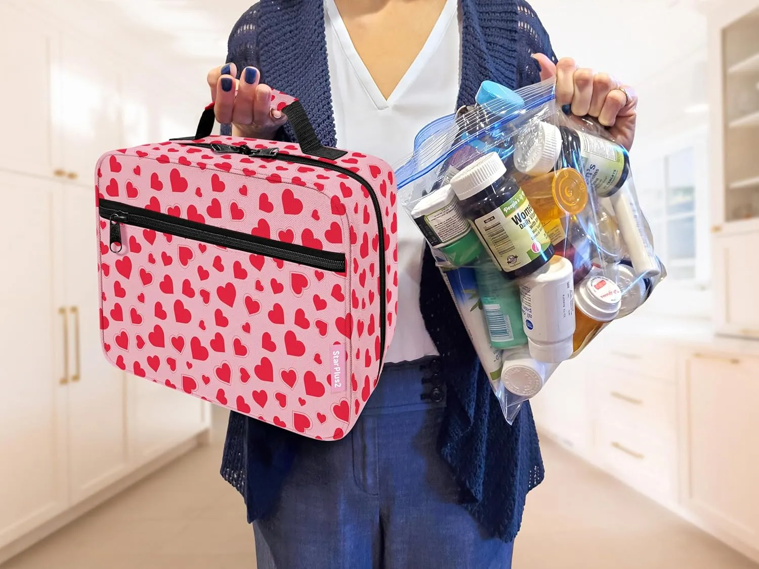Large Padded Pill Bottle Organizer, Medicine Bag, Case, Carrier for Medications, Vitamins, and Medical Supplies - Travel Medicine Organizer and Home Storage Med Bag - Hearts (Without Lock)