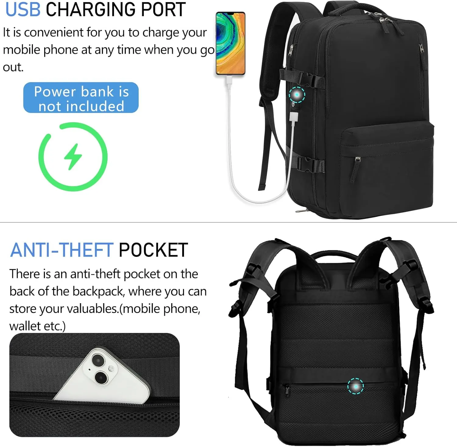 Large Travel Backpack for Women Men Carry On Backpack Waterproof Durable Expandable Laptop Backpack with Shoe Compartment and USB Port Airline Approved Luggage Backpack