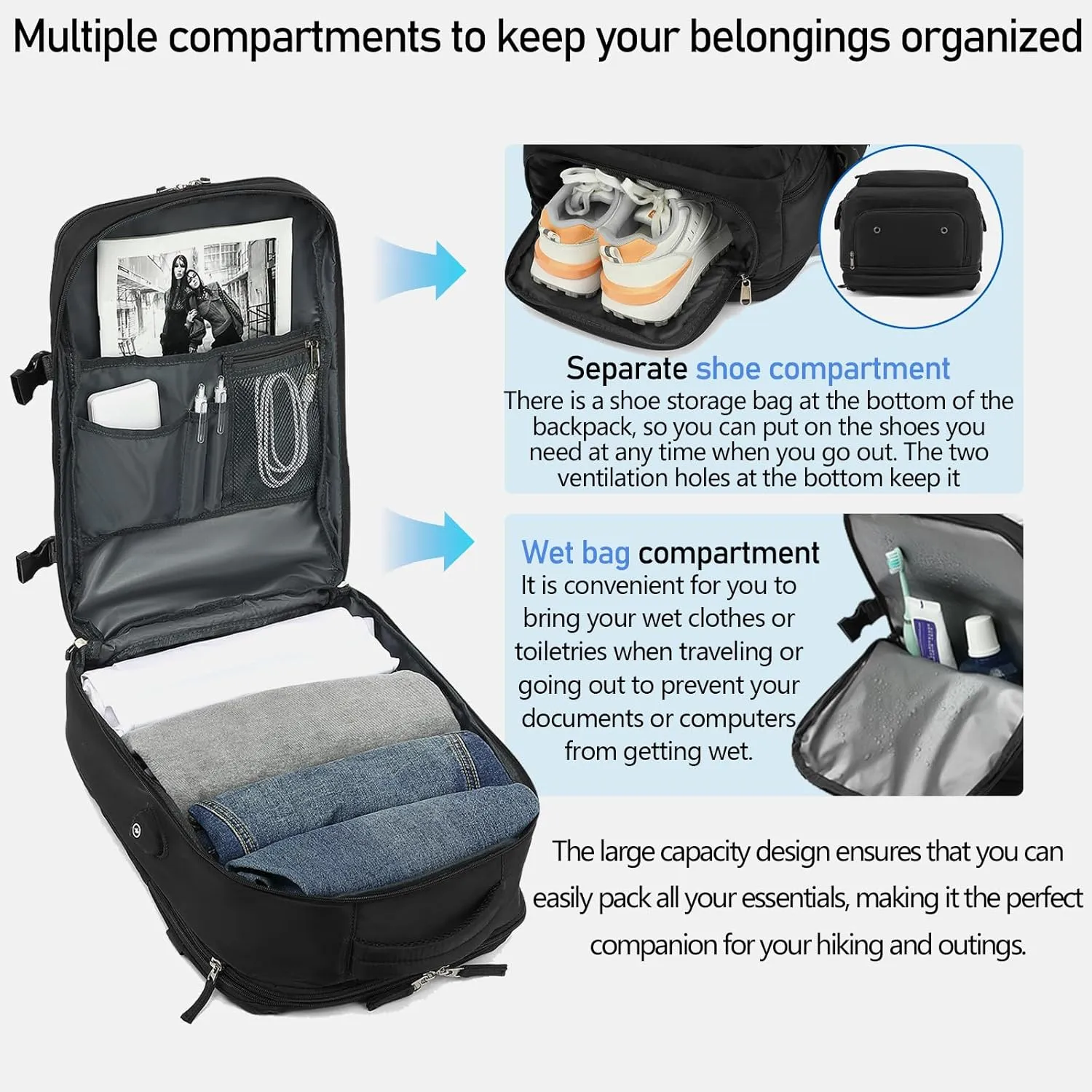 Large Travel Backpack for Women Men Carry On Backpack Waterproof Durable Expandable Laptop Backpack with Shoe Compartment and USB Port Airline Approved Luggage Backpack