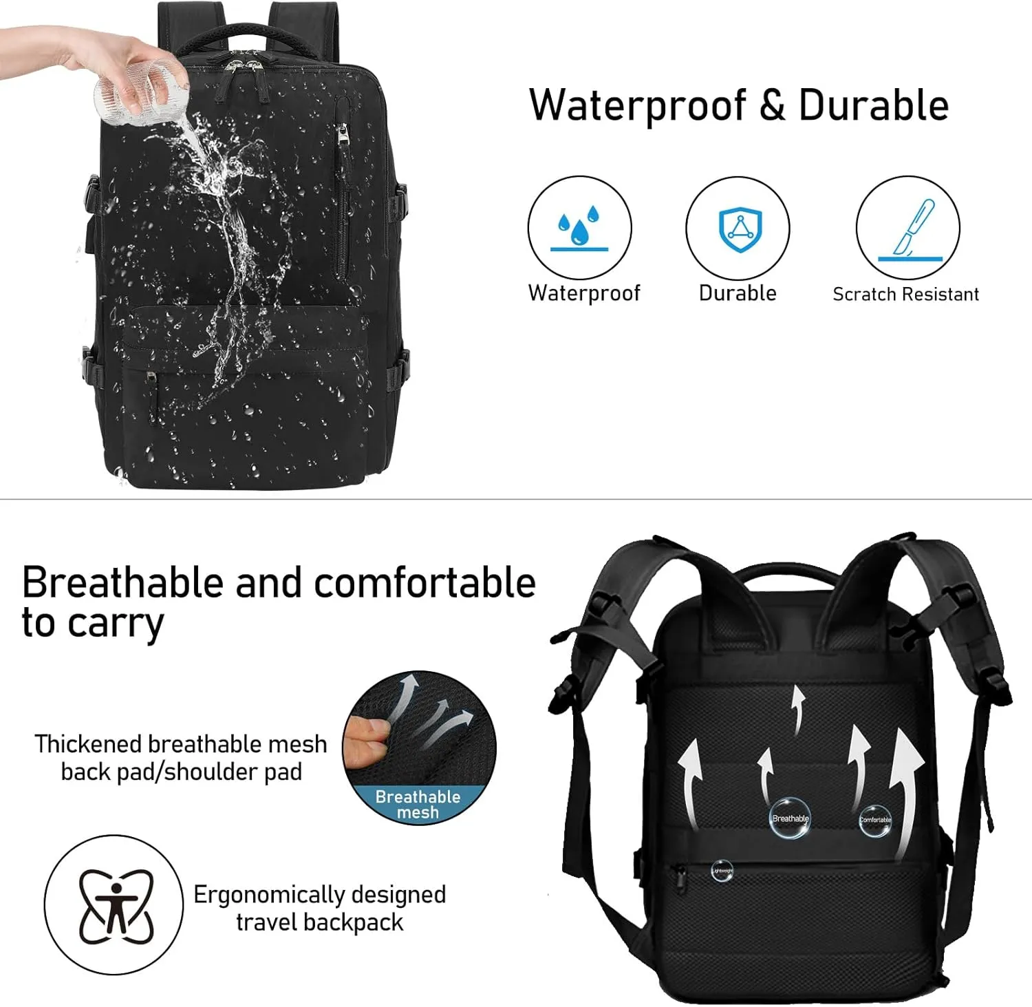 Large Travel Backpack for Women Men Carry On Backpack Waterproof Durable Expandable Laptop Backpack with Shoe Compartment and USB Port Airline Approved Luggage Backpack