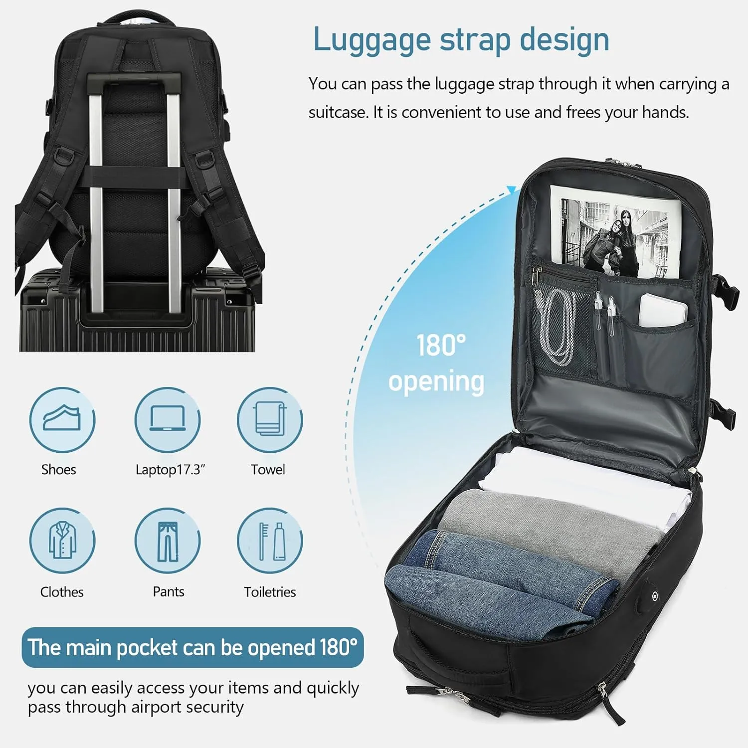 Large Travel Backpack for Women Men Carry On Backpack Waterproof Durable Expandable Laptop Backpack with Shoe Compartment and USB Port Airline Approved Luggage Backpack