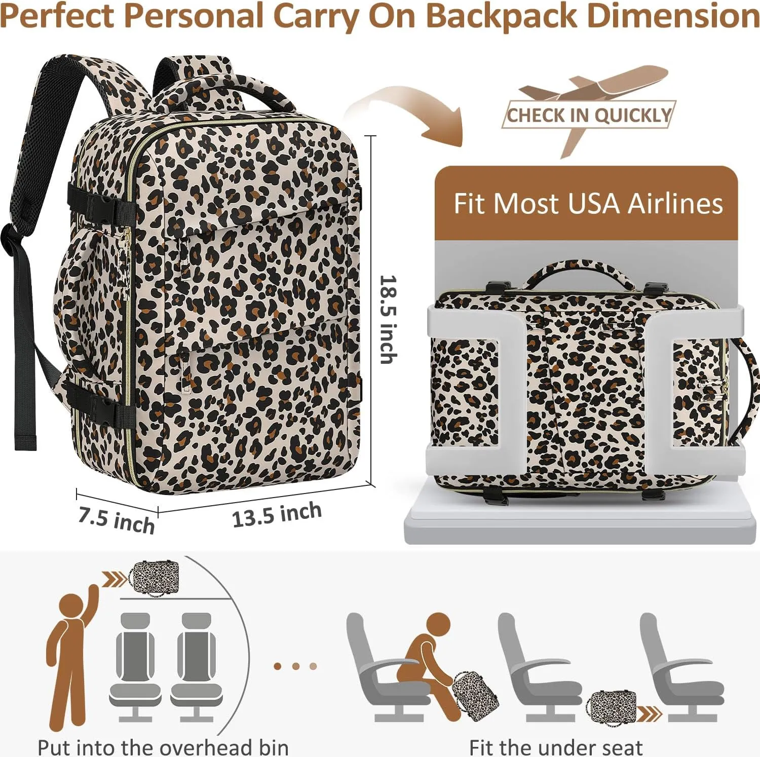 Large Travel Backpack for Women Personal Item for Airlines17 Inch Laptop Backpack College Business Work Weekender Hiking Womens Travel Backpack Leopard Print