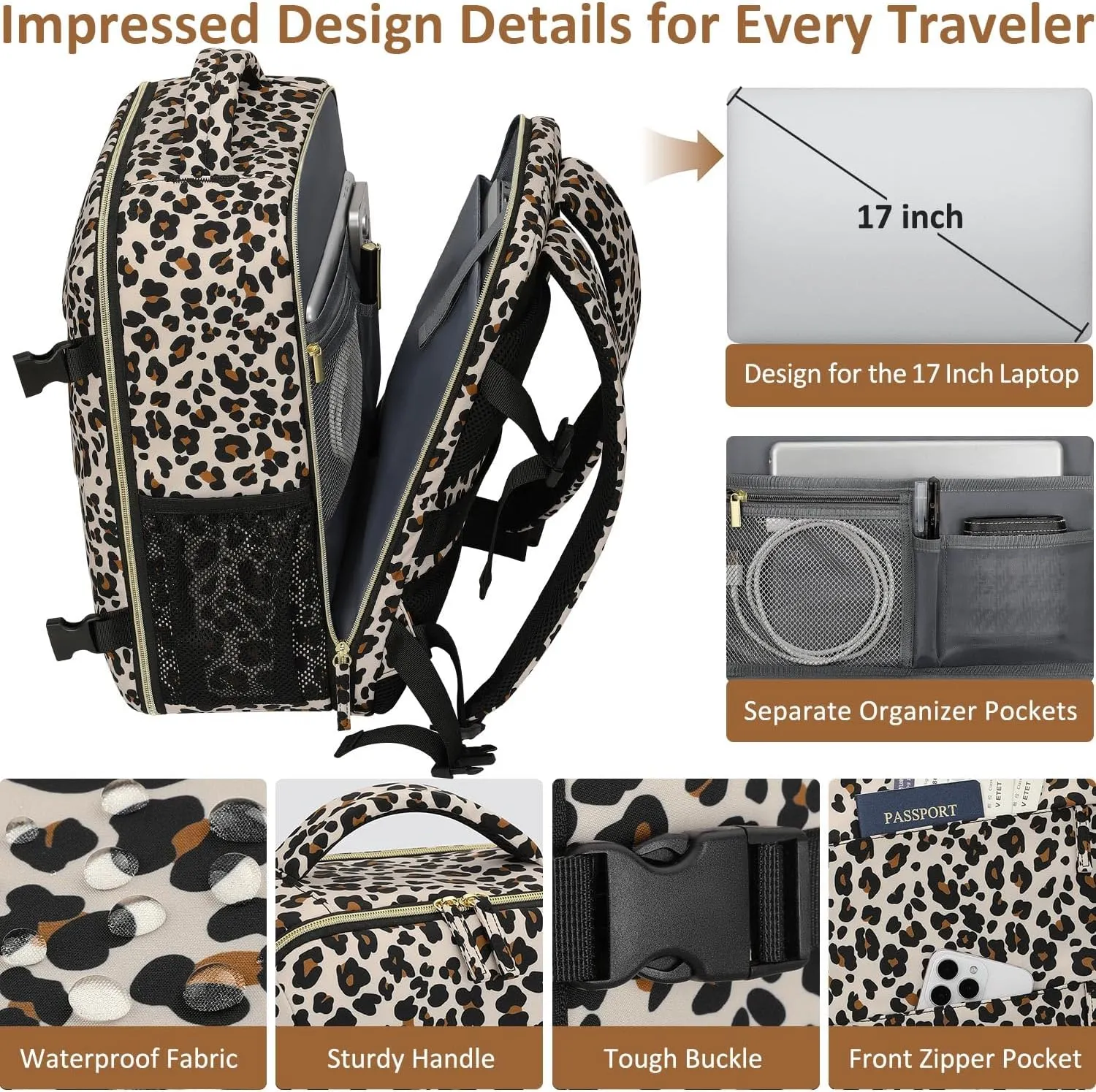 Large Travel Backpack for Women Personal Item for Airlines17 Inch Laptop Backpack College Business Work Weekender Hiking Womens Travel Backpack Leopard Print