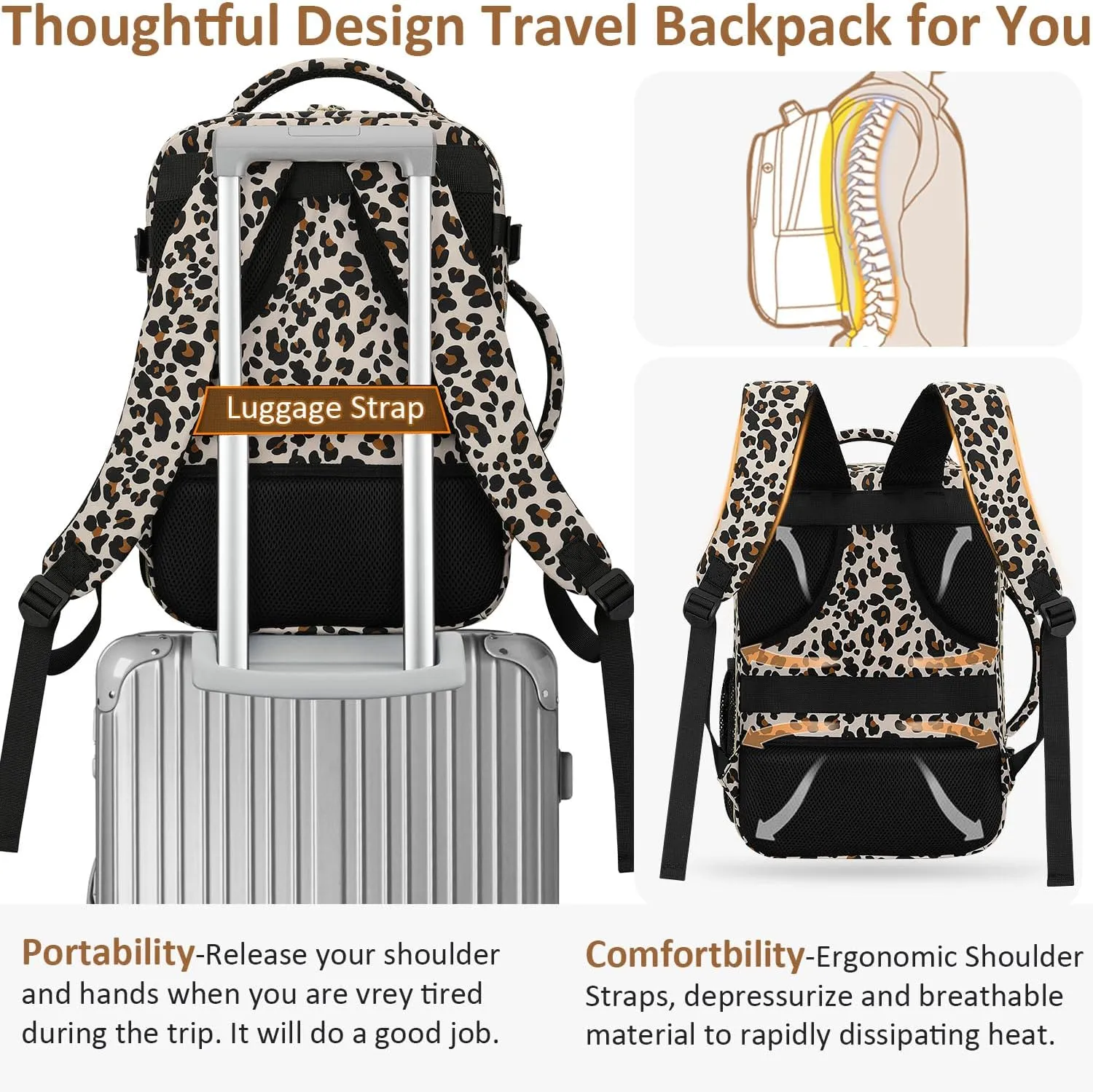 Large Travel Backpack for Women Personal Item for Airlines17 Inch Laptop Backpack College Business Work Weekender Hiking Womens Travel Backpack Leopard Print