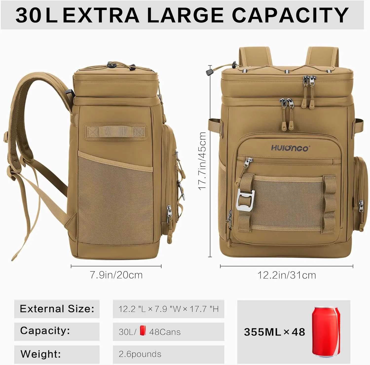 Large Waterproof Insulated Cooler Backpack for Men & Women, Leak Proof Cooler Backpack for Camping, Beach, Fishing, Picnic, Travel, Outdoor, 30L, 48Cans