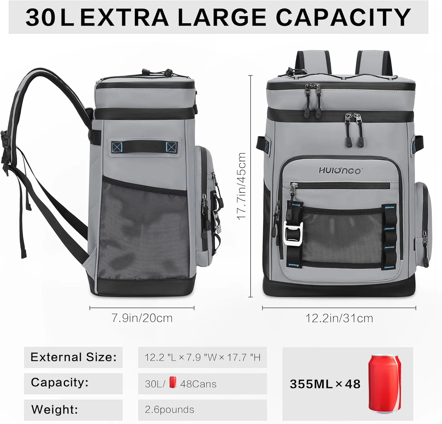 Large Waterproof Insulated Cooler Backpack for Men & Women, Leak Proof Cooler Backpack for Camping, Beach, Fishing, Picnic, Travel, Outdoor, 30L, 48Cans