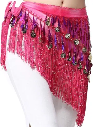 Lauthen.S Belly Dance Hip Scarf with Tassels Sequins, Triangle Coins Wrap Skirt Music Festival Clothing