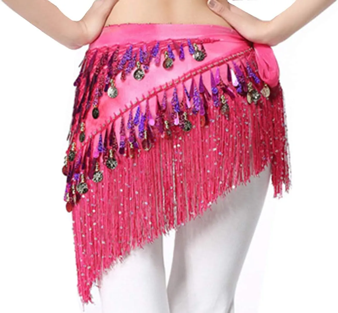 Lauthen.S Belly Dance Hip Scarf with Tassels Sequins, Triangle Coins Wrap Skirt Music Festival Clothing