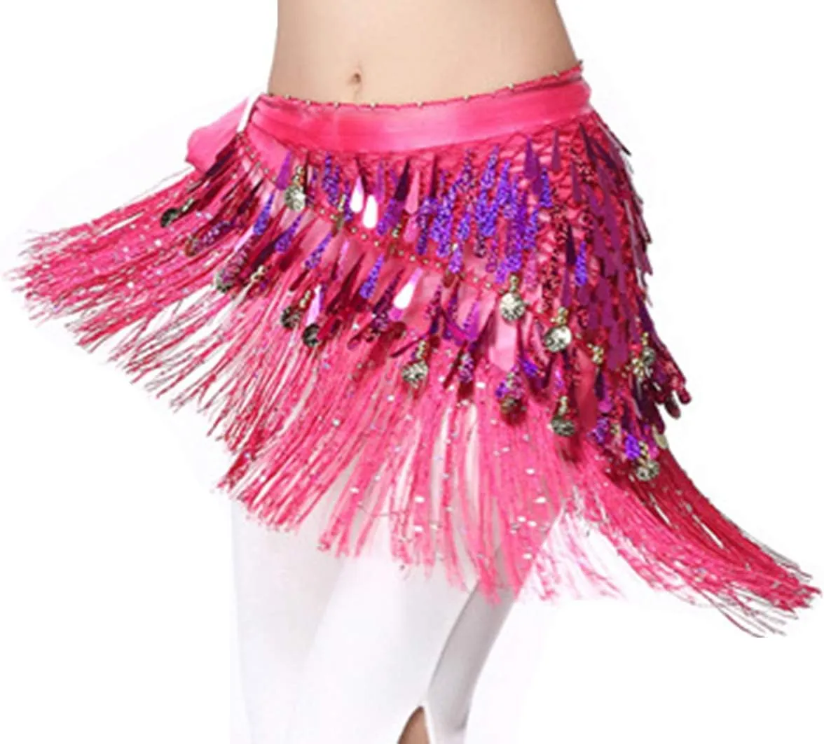 Lauthen.S Belly Dance Hip Scarf with Tassels Sequins, Triangle Coins Wrap Skirt Music Festival Clothing
