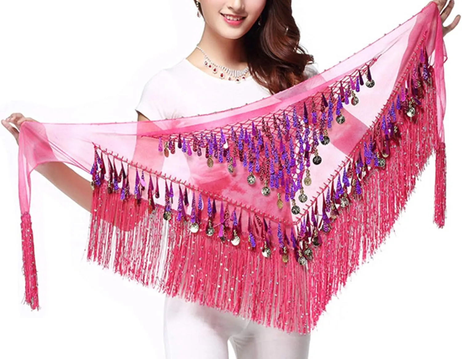 Lauthen.S Belly Dance Hip Scarf with Tassels Sequins, Triangle Coins Wrap Skirt Music Festival Clothing