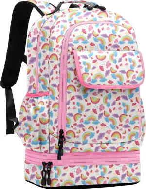 Leaper Water-resistant Cute Rainbow Laptop Backpack Double Deck Lunch Bag Satchel Light Pink