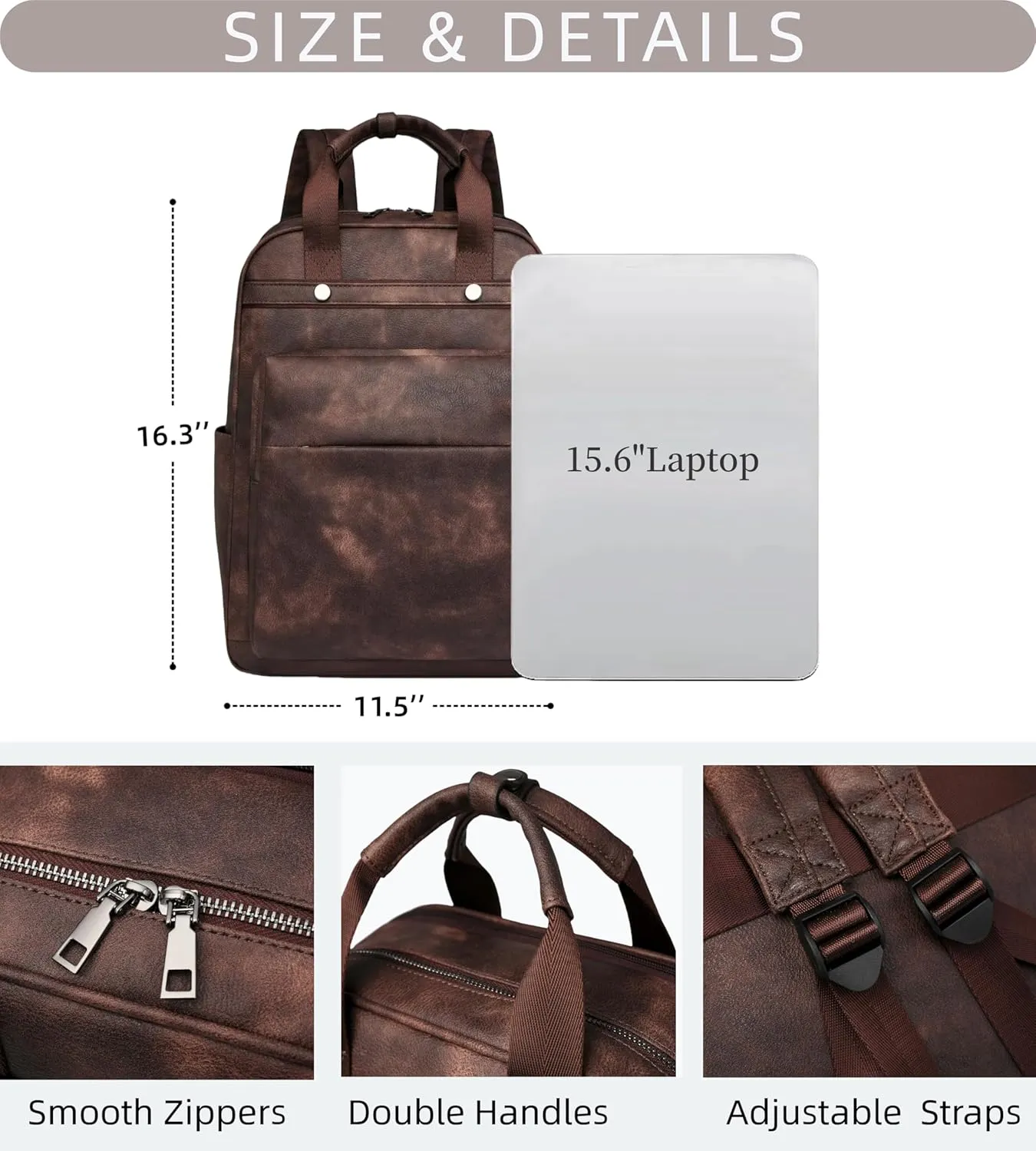 Leather Laptop Backpack for Women 15.6 Inch Work Travel Backpack Fashion College Business Computer Bag (Coffee)