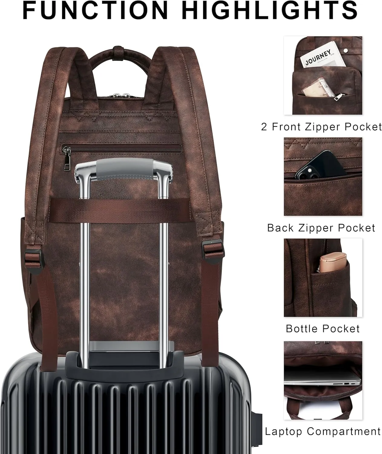 Leather Laptop Backpack for Women 15.6 Inch Work Travel Backpack Fashion College Business Computer Bag (Coffee)
