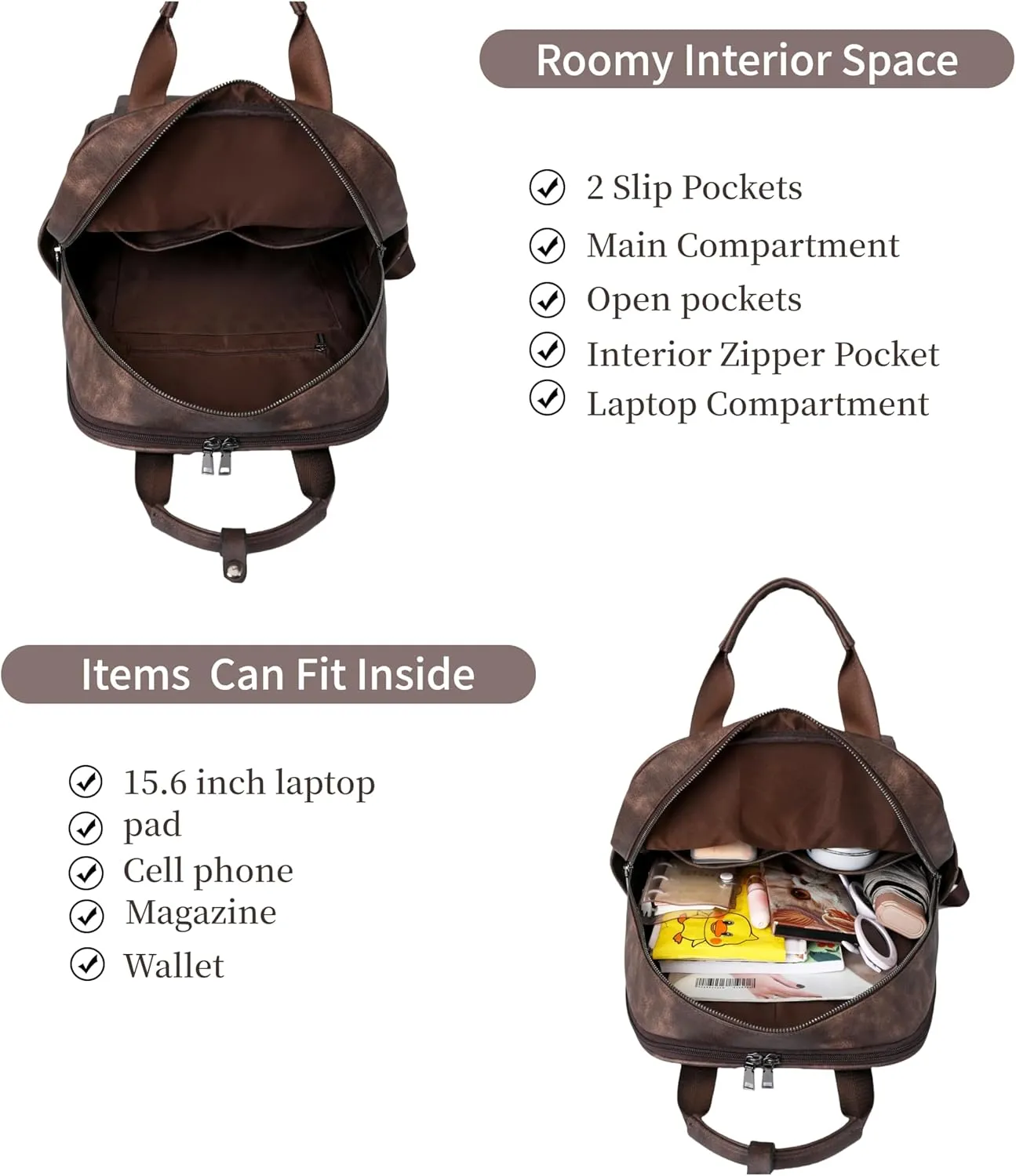 Leather Laptop Backpack for Women 15.6 Inch Work Travel Backpack Fashion College Business Computer Bag (Coffee)