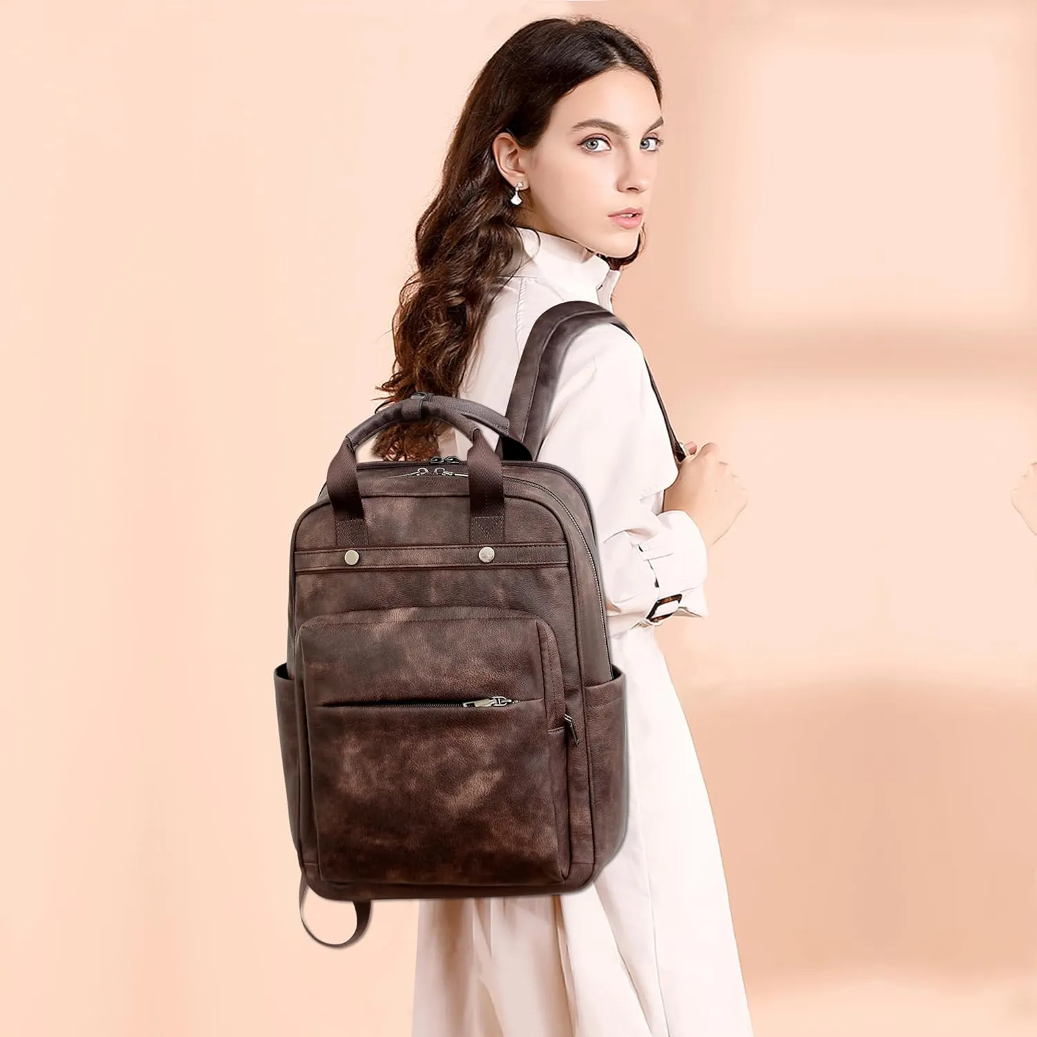 Leather Laptop Backpack for Women 15.6 Inch Work Travel Backpack Fashion College Business Computer Bag (Coffee)