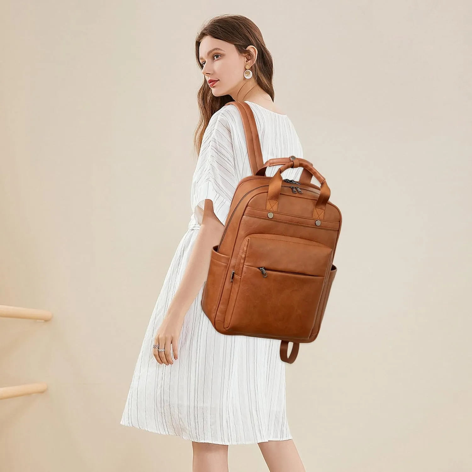 Leather Laptop Backpack for Women 15.6 Inch Work Travel Backpack Fashion College Business Computer Bag (Light Brown)