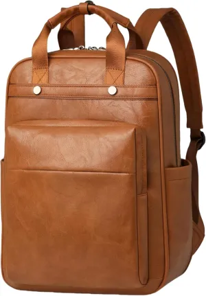 Leather Laptop Backpack for Women 15.6 Inch Work Travel Backpack Fashion College Business Computer Bag (Light Brown)