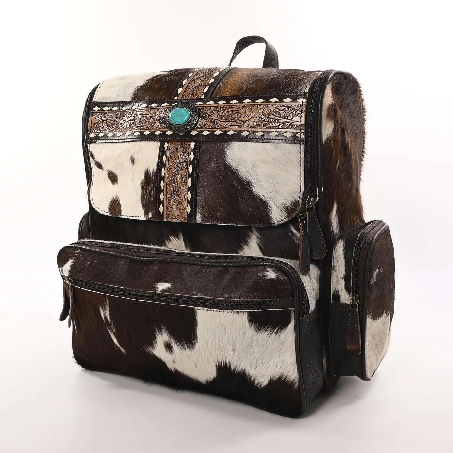 Leather Laptop Backpack Purse for Women Cowhide Hair on Genuine Leather Bag Hand Tooled Western Design Ladies Shoulder Bag for Travel College School Fashion Daily Use
