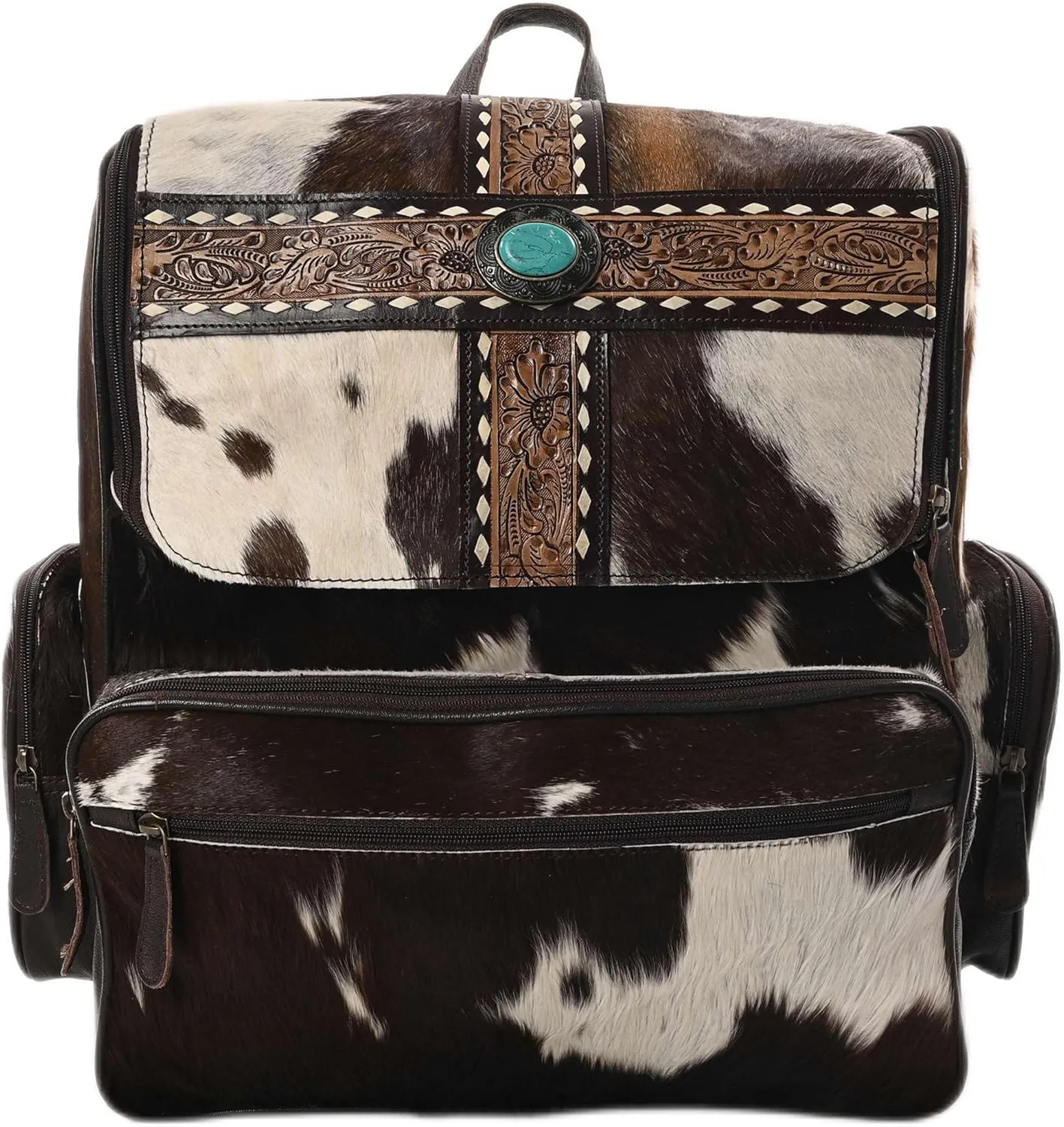 Leather Laptop Backpack Purse for Women Cowhide Hair on Genuine Leather Bag Hand Tooled Western Design Ladies Shoulder Bag for Travel College School Fashion Daily Use