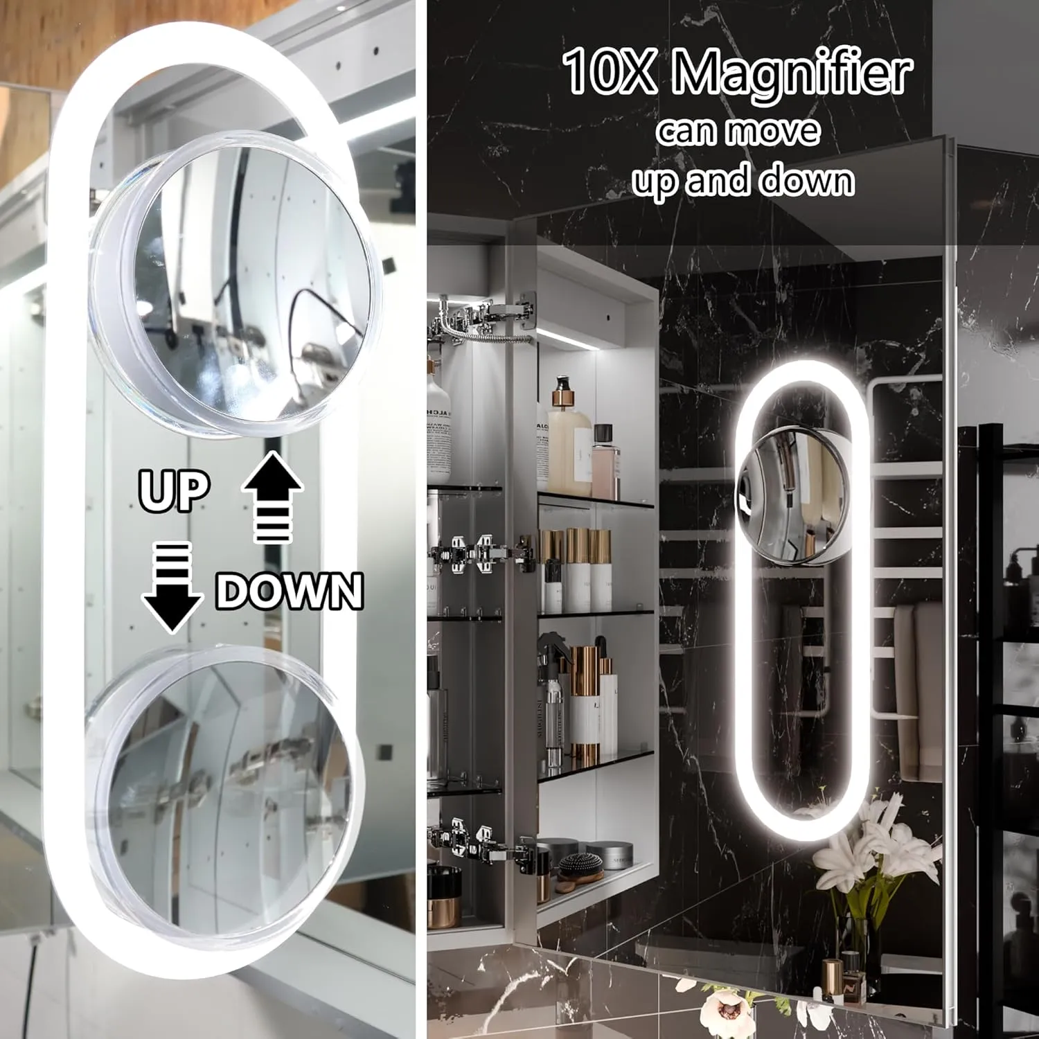 LED Bathroom Medicine Cabinet with Mirror, 24x36 Medicine Cabinet with Lights, 10XMakeup-Mirror, Dimmable, Defogging, Recessed/Surface, Front&Backlit, Clock Temp Display, Outlets, Left Open
