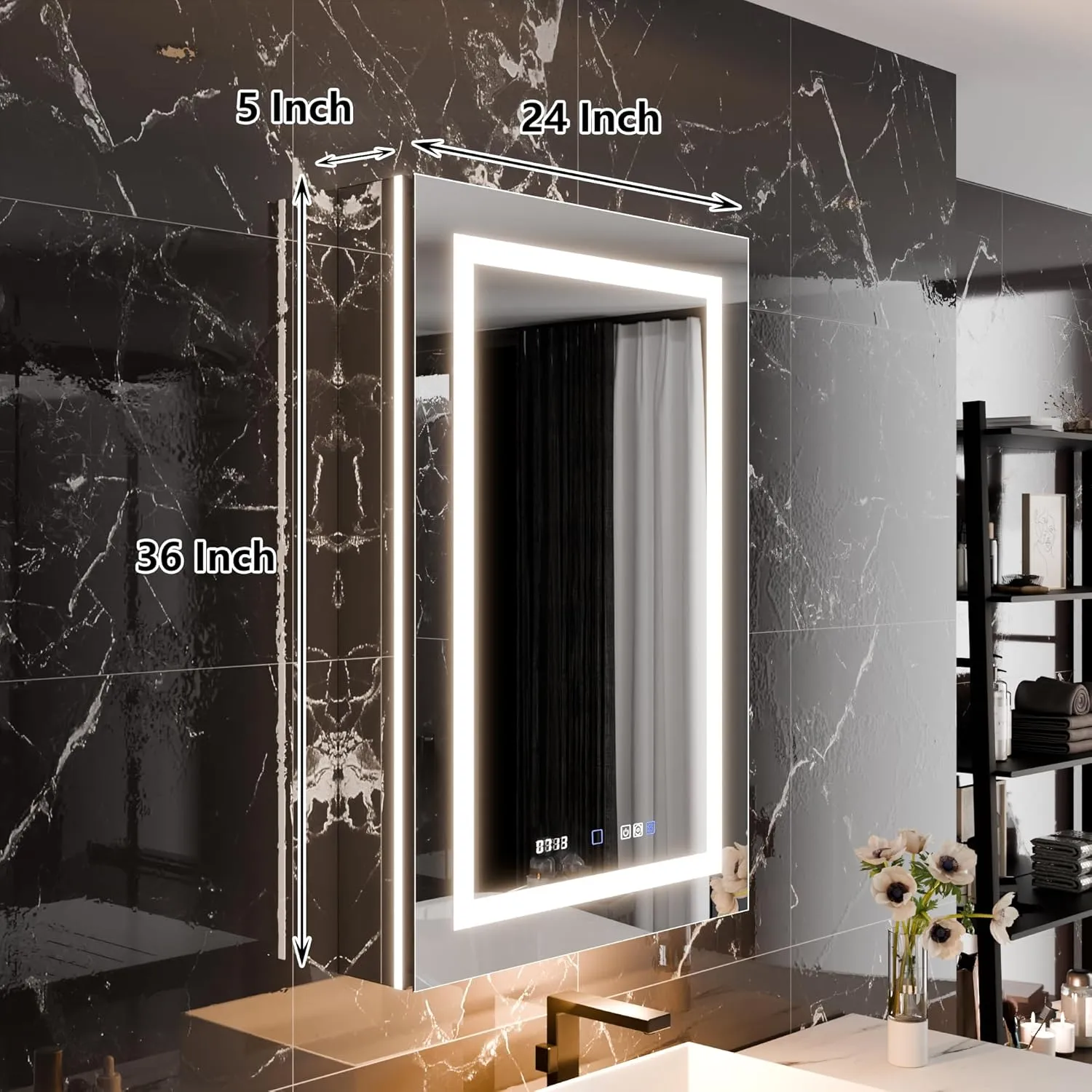 LED Bathroom Medicine Cabinet with Mirror, 24x36 Medicine Cabinet with Lights, 10XMakeup-Mirror, Dimmable, Defogging, Recessed/Surface, Front&Backlit, Clock Temp Display, Outlets, Left Open