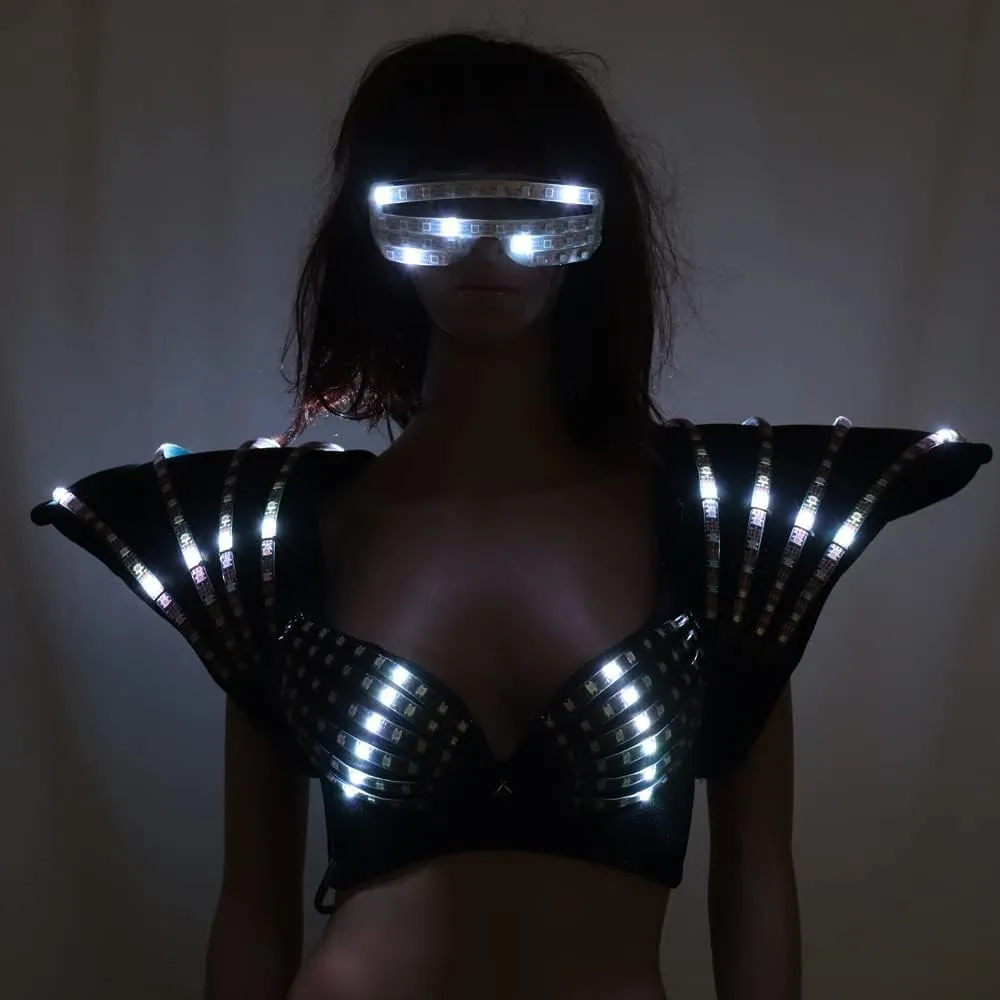 Led Luminous Sport Bra Sexy Tops Colorful Shoulder for Women Party Club Night Edm Festival Dance Costume Outfit