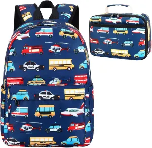 LEDAOU Kids School Backpack with Lunch Box for Boy Kindergarten BookBag School Bag Preschool Kindergarten Toddler Backpack (Car Airplane Pattern-Navy)