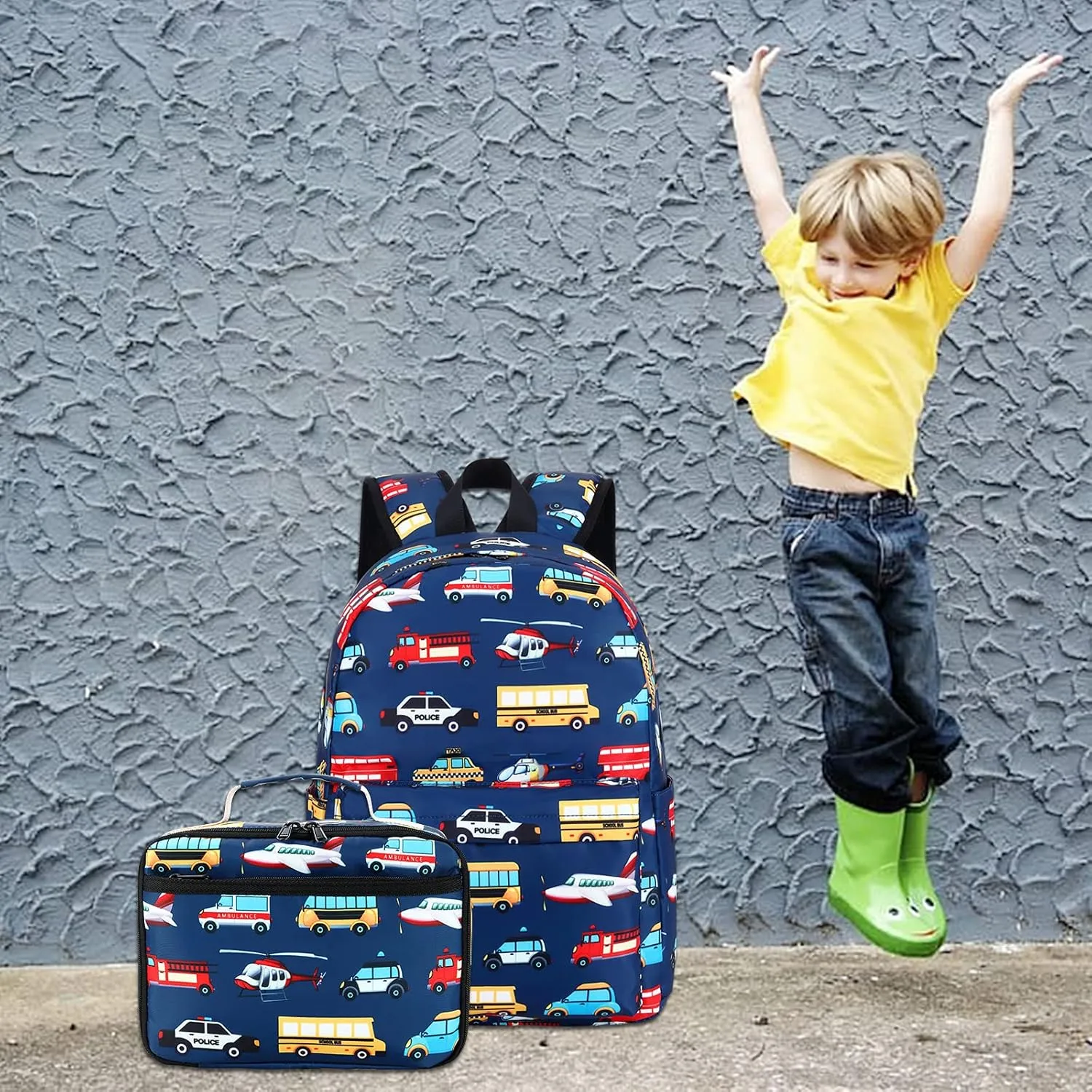 LEDAOU Kids School Backpack with Lunch Box for Boy Kindergarten BookBag School Bag Preschool Kindergarten Toddler Backpack (Car Airplane Pattern-Navy)