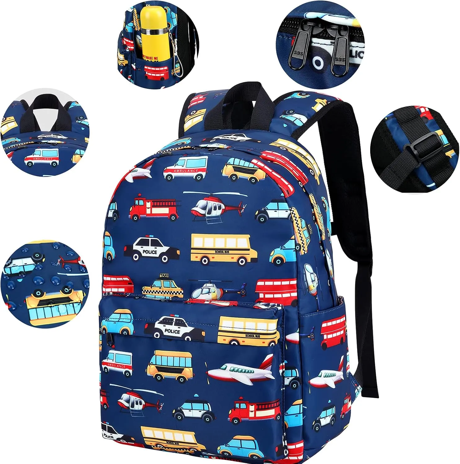 LEDAOU Kids School Backpack with Lunch Box for Boy Kindergarten BookBag School Bag Preschool Kindergarten Toddler Backpack (Car Airplane Pattern-Navy)