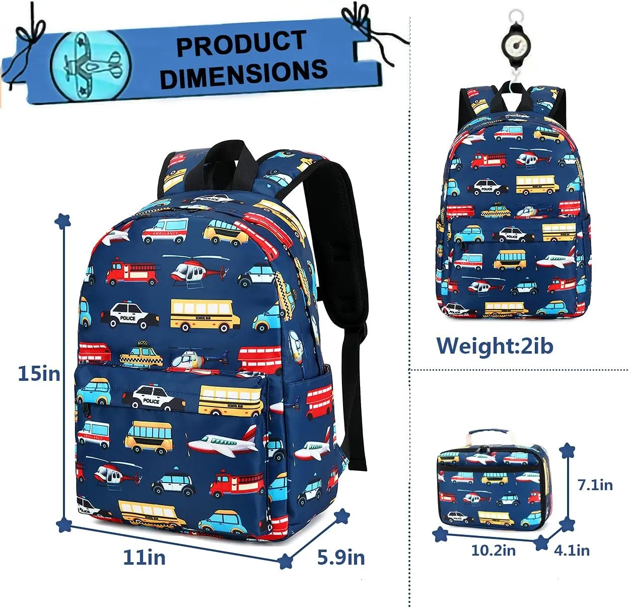 LEDAOU Kids School Backpack with Lunch Box for Boy Kindergarten BookBag School Bag Preschool Kindergarten Toddler Backpack (Car Airplane Pattern-Navy)