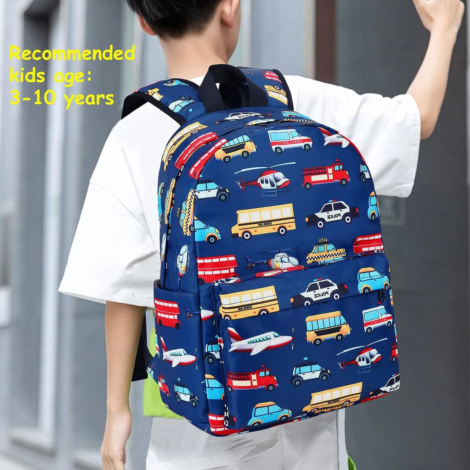 LEDAOU Kids School Backpack with Lunch Box for Boy Kindergarten BookBag School Bag Preschool Kindergarten Toddler Backpack (Car Airplane Pattern-Navy)