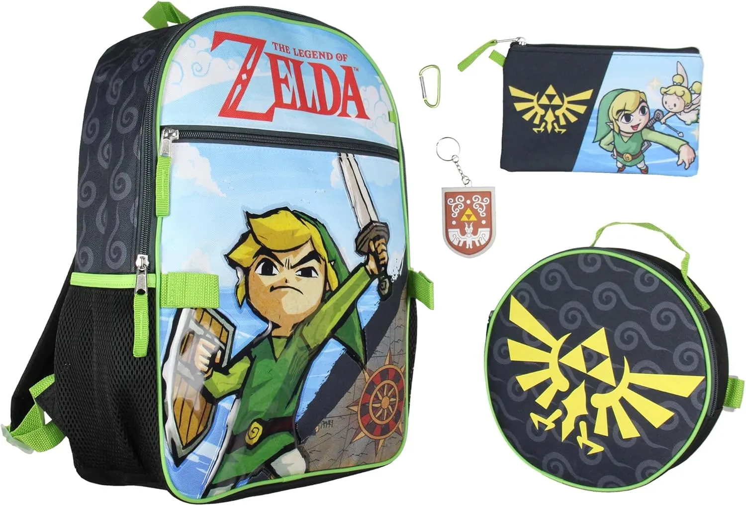 Legend of Zelda 5 Pc 16" Backpack Lunch Box Set School Travel Lunch Tote Pencil Case Rubber Keychain Backpack For Kids