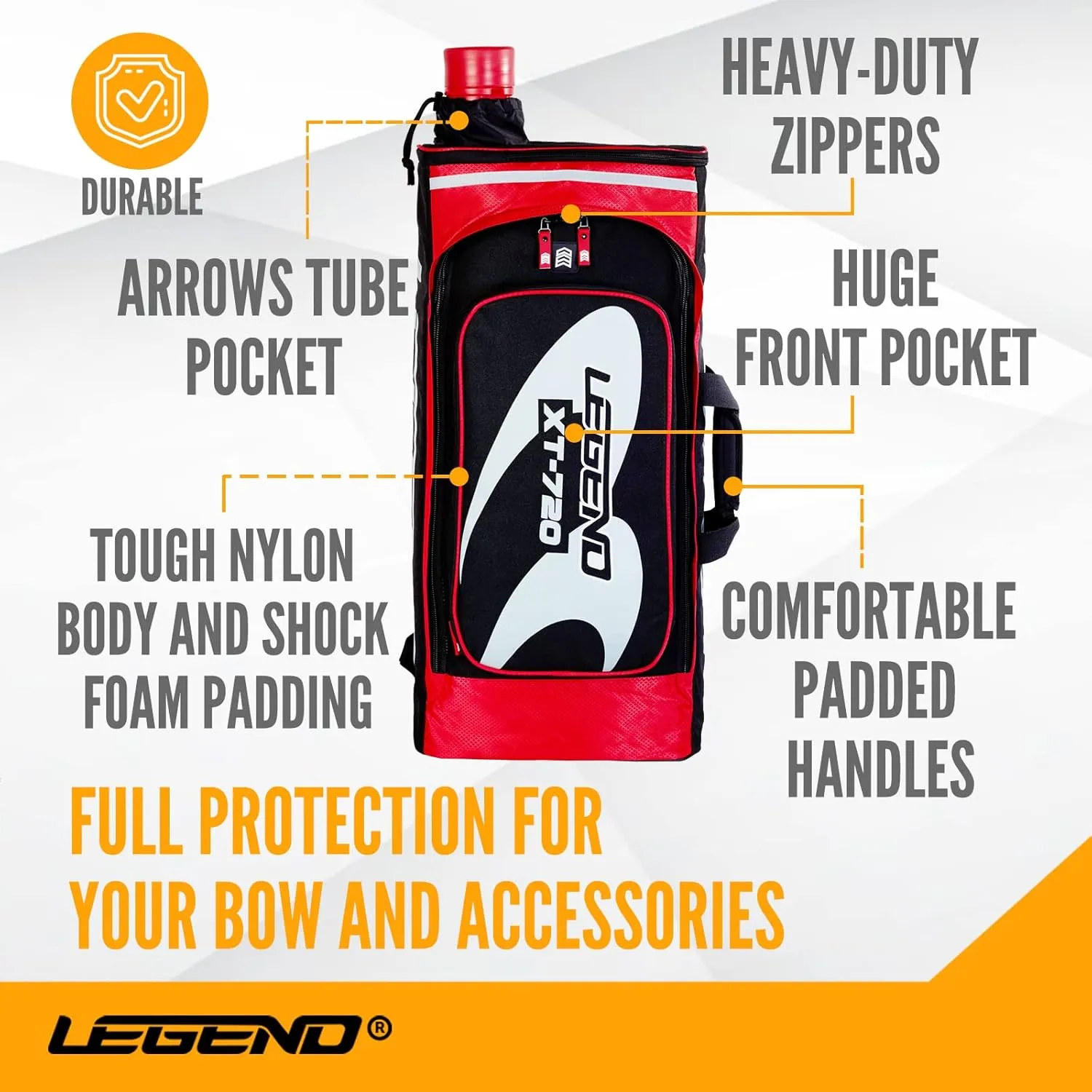 Legend XT720 Takedown Recurve Bow Case - Protective Nylon Archery Backpack Bag, Padded Recurve Bow and Arrow Case for Archery Accessories & Gears with Multiple Pockets, Arrow Tube Included