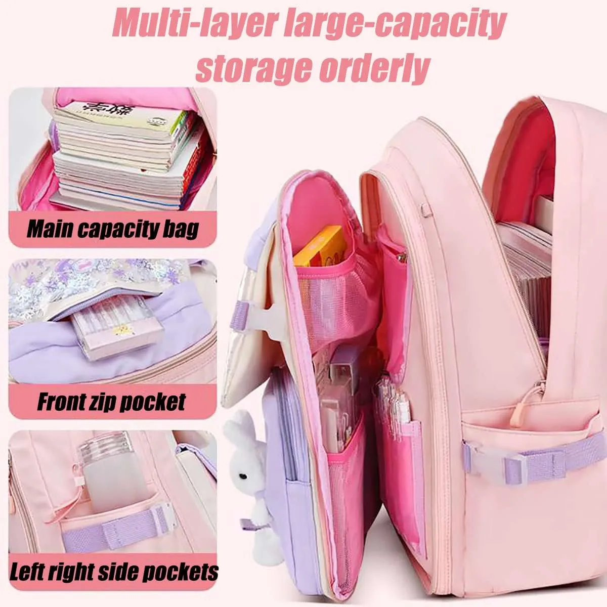 LELEBEAR Kawaii Backpack, Cute Bookbags With Kawaii Pin And Accessories(bunny backpack-Purple)